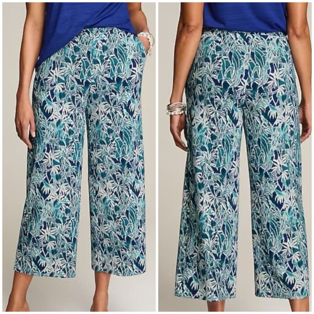 J. Jill Wearever Crop Pants Womens S Blue Green Tropical Bird Pull On Wide Leg